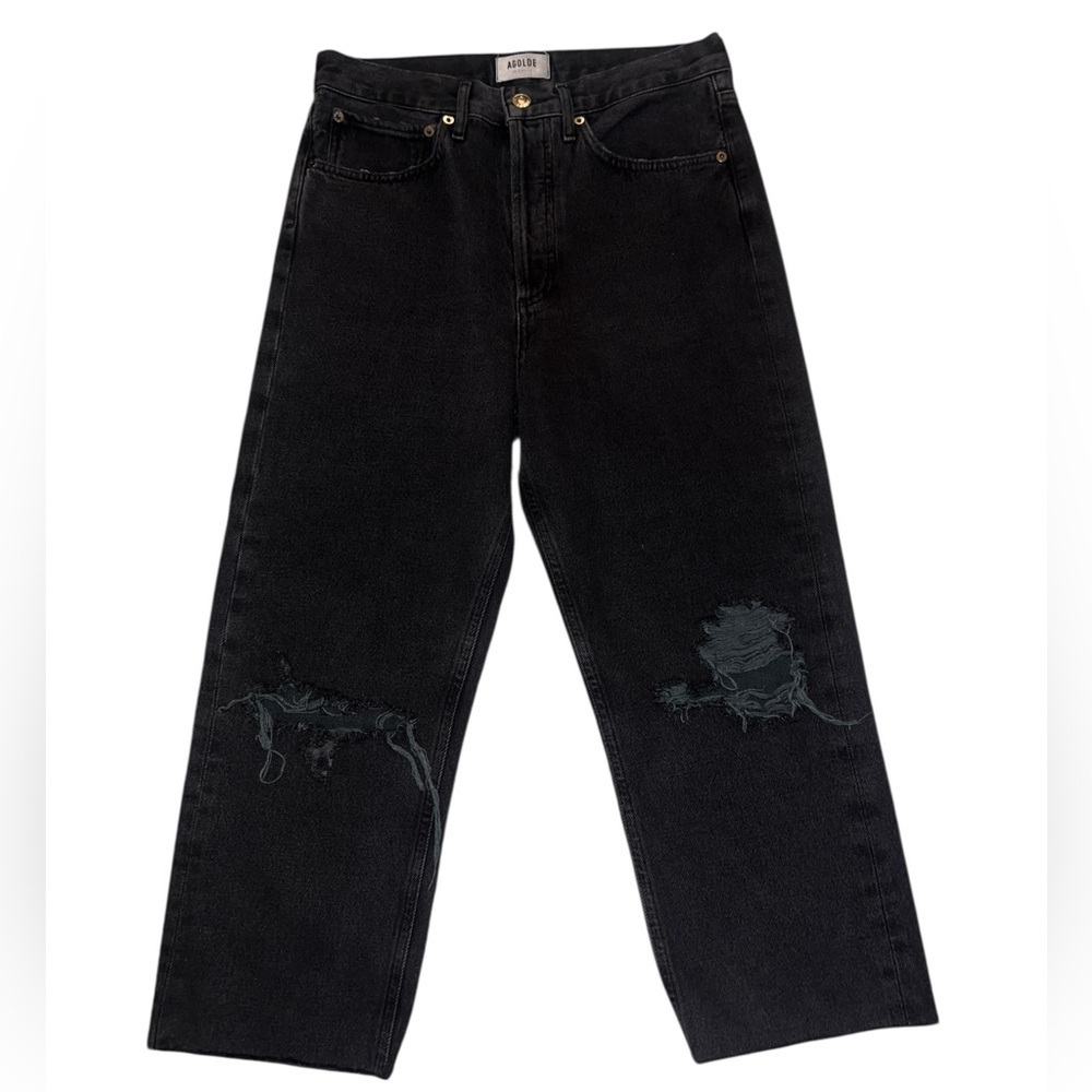 Agolde Distressed Wide Leg High Rise Black Crop Jeans Designer Ankle Length 26
